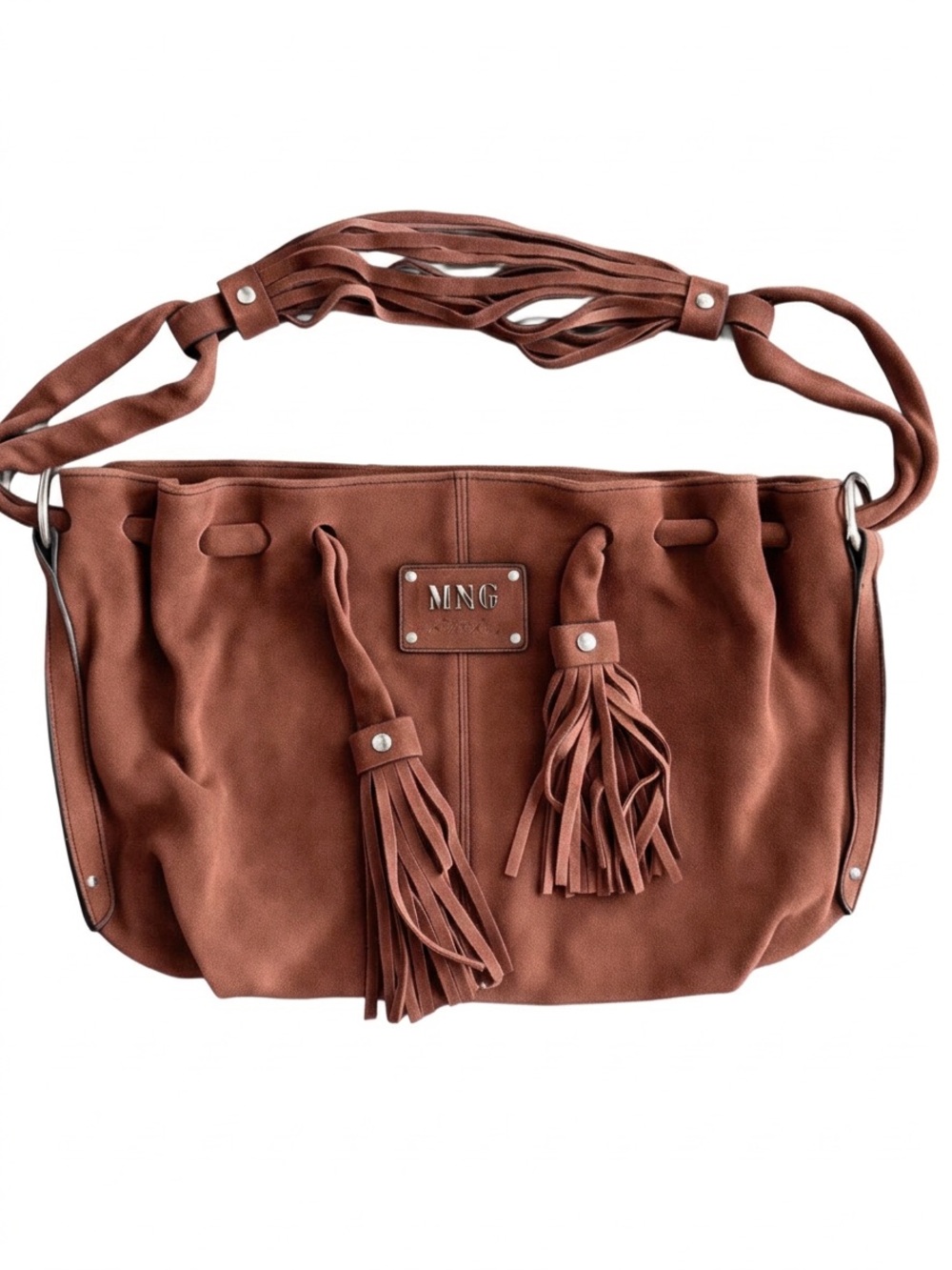 Vintage 2000s MNG Barcelona Suede Leather Tassel Hobo Bag